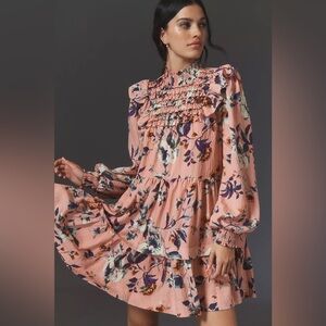 By Anthropologie Long-Sleeve Printed Smocked Mini Dress size XS